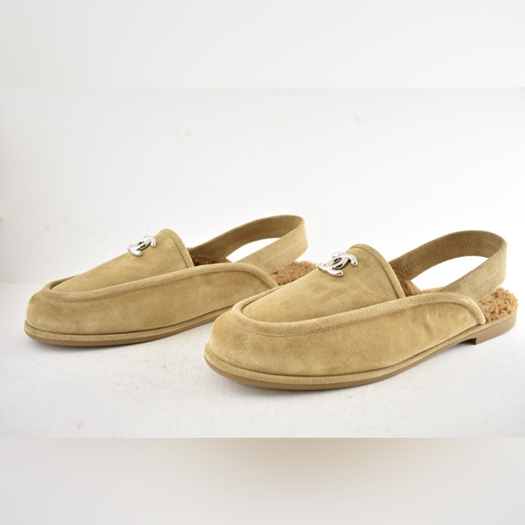 Chanel Dark Beige Suede Shearling CC Moccasin Ballet Slingback Loafer Flat 41 - Picture 14 of 16
